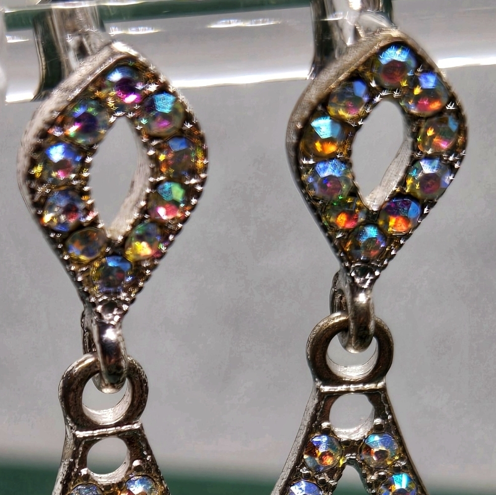 Silver Tone Multicolor AB Rhinestones Drop Earrings - Picture 12 of 16